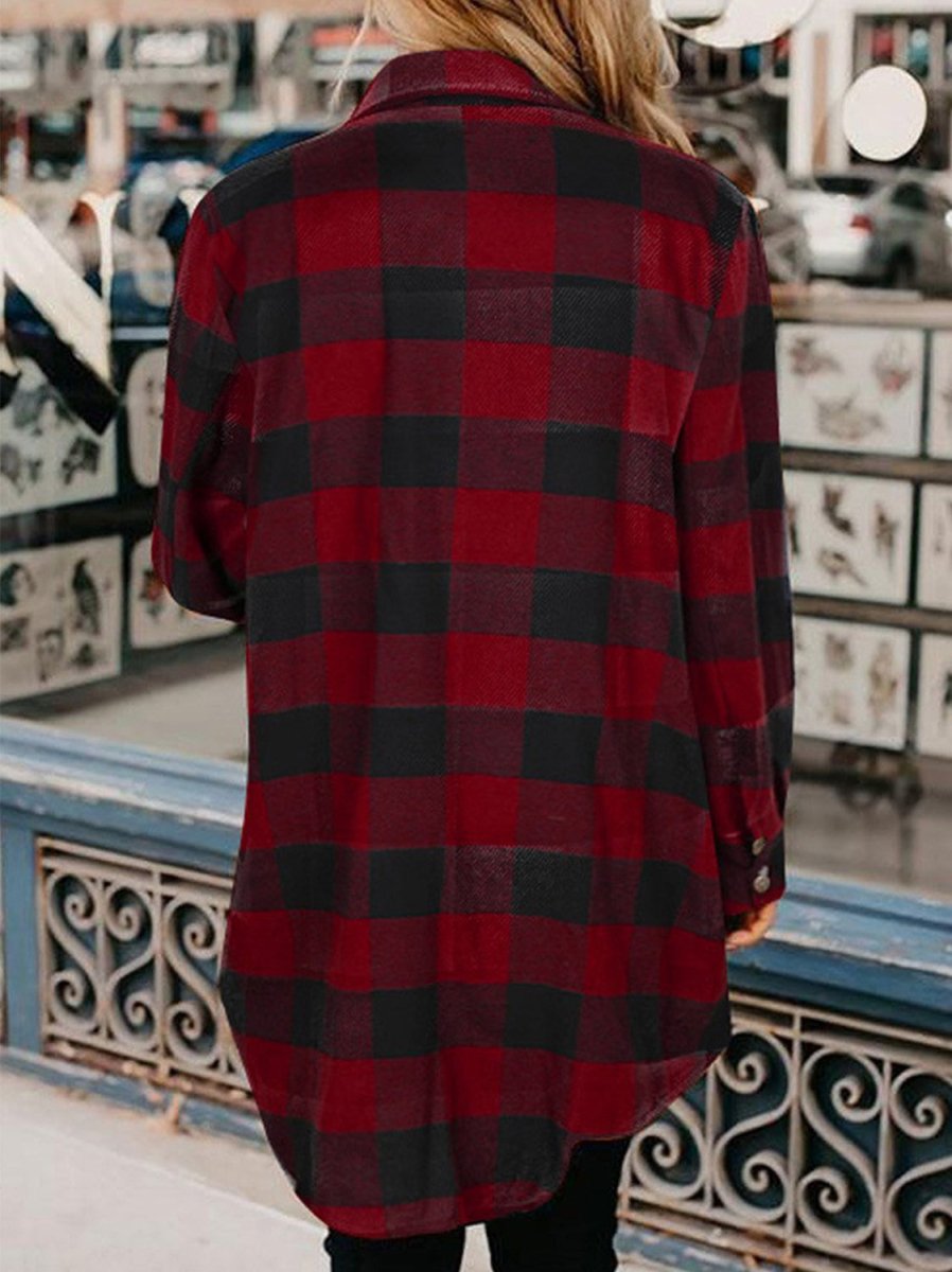 Plaid Snap Down Long Sleeve Jacket - AMVIM
