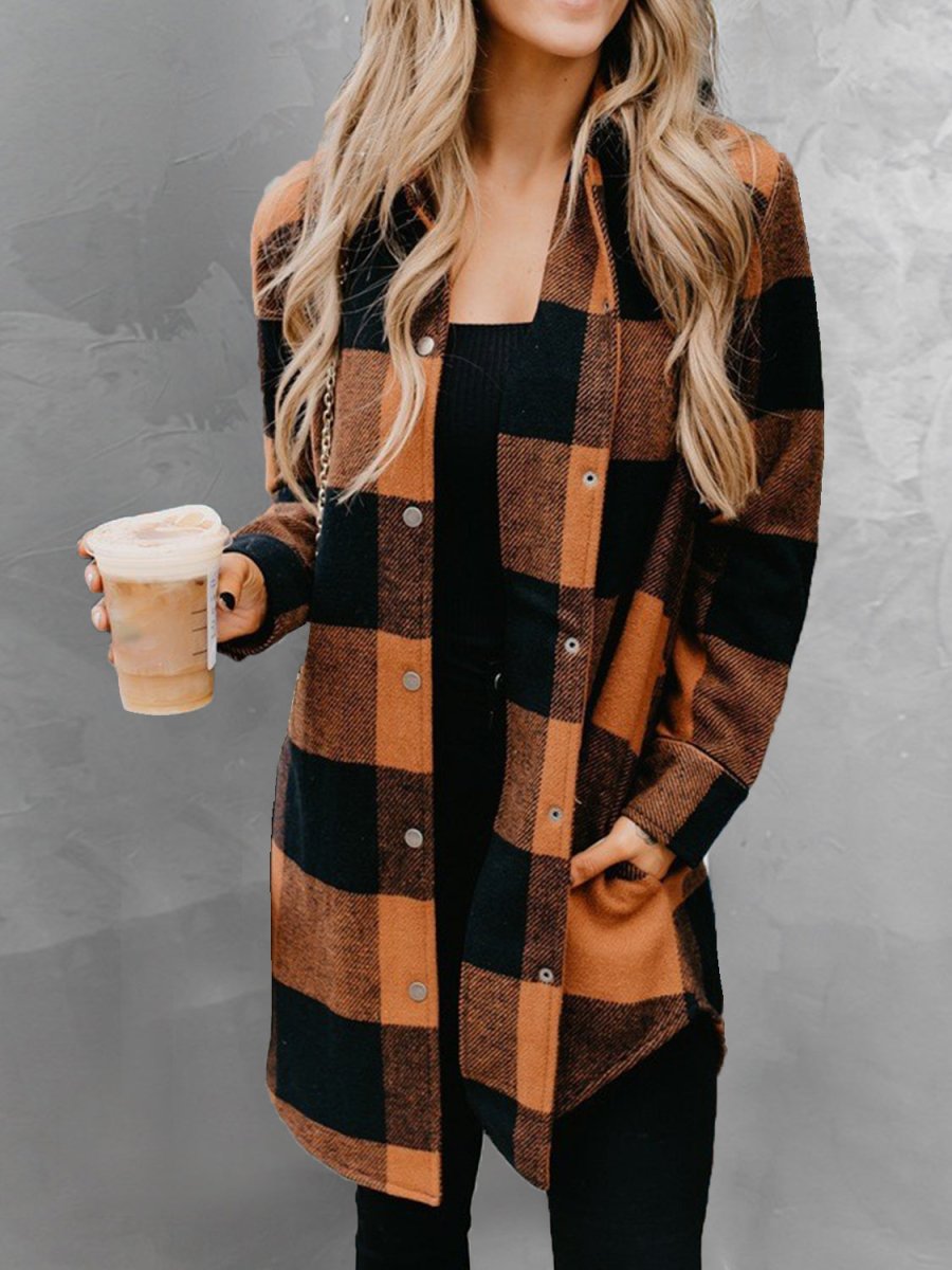 Plaid Snap Down Long Sleeve Jacket - AMVIM