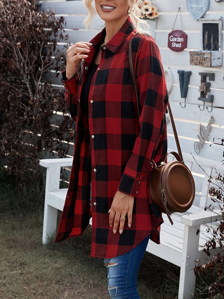 Plaid Snap Down Long Sleeve Jacket - AMVIM