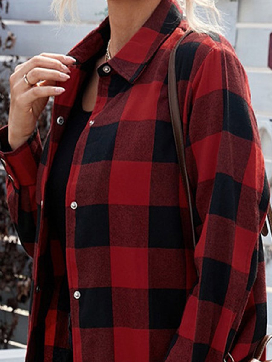 Plaid Snap Down Long Sleeve Jacket - AMVIM