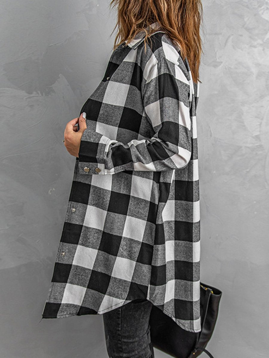 Plaid Snap Down Long Sleeve Jacket - AMVIM