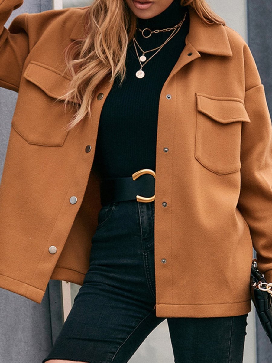 Pocketed Snap Down Dropped Shoulder Jacket - AMVIM