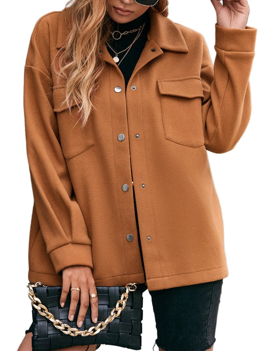 Pocketed Snap Down Dropped Shoulder Jacket - AMVIM