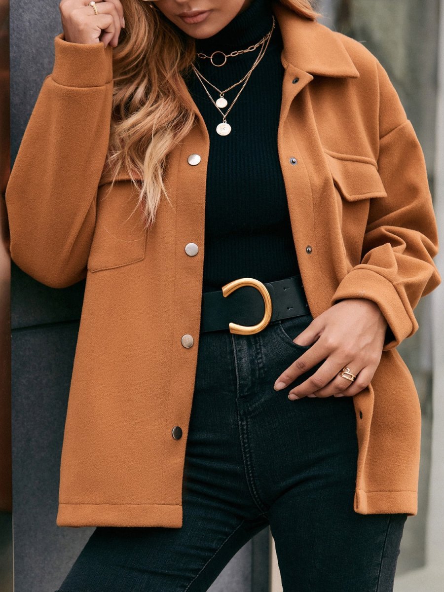 Pocketed Snap Down Dropped Shoulder Jacket - AMVIM