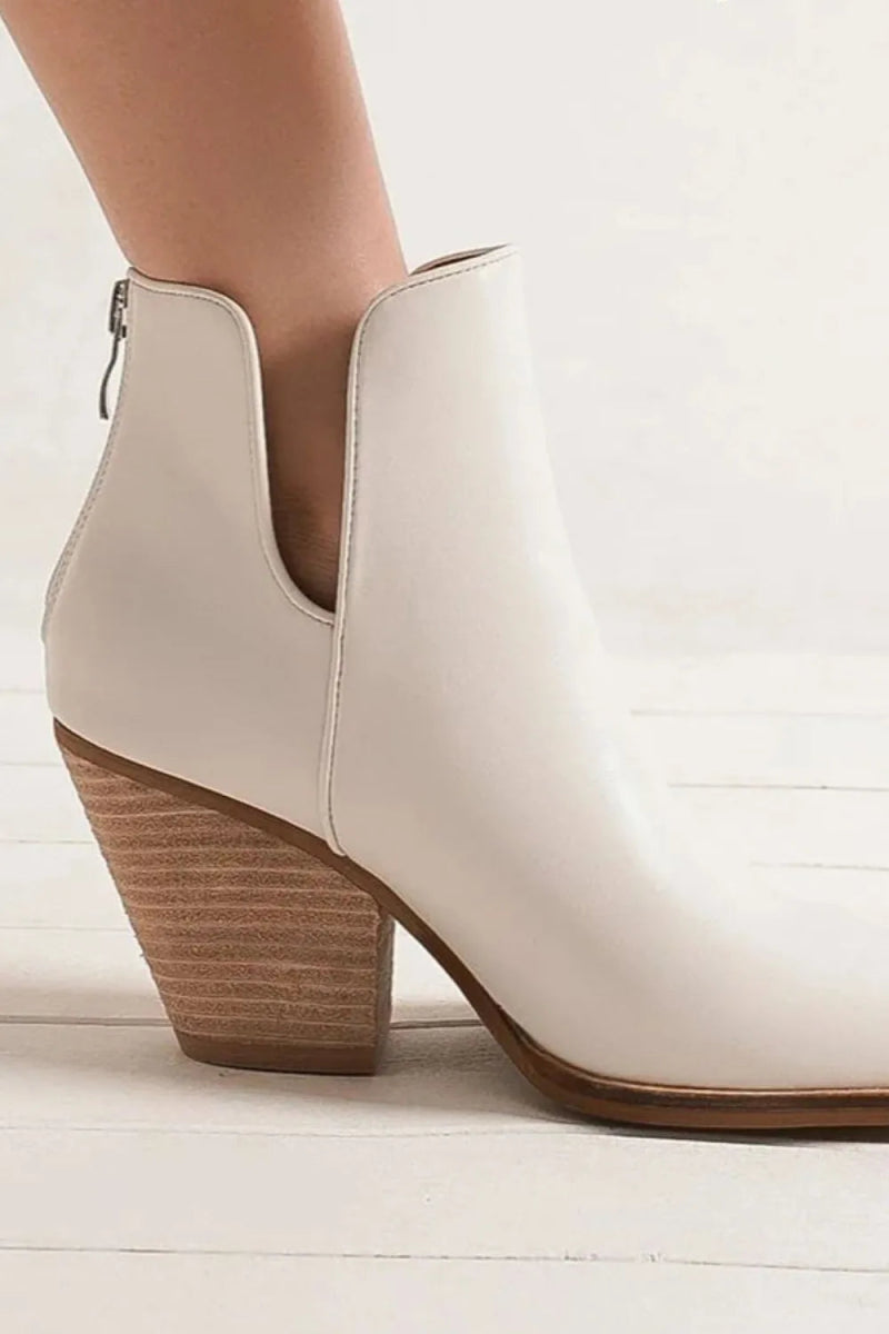 Pointed Toe Block Heel Ankle Boots With Metal Accent - AMVIM