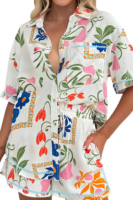 Printed Button Up Half Sleeve Top and Shorts Set - AMVIM