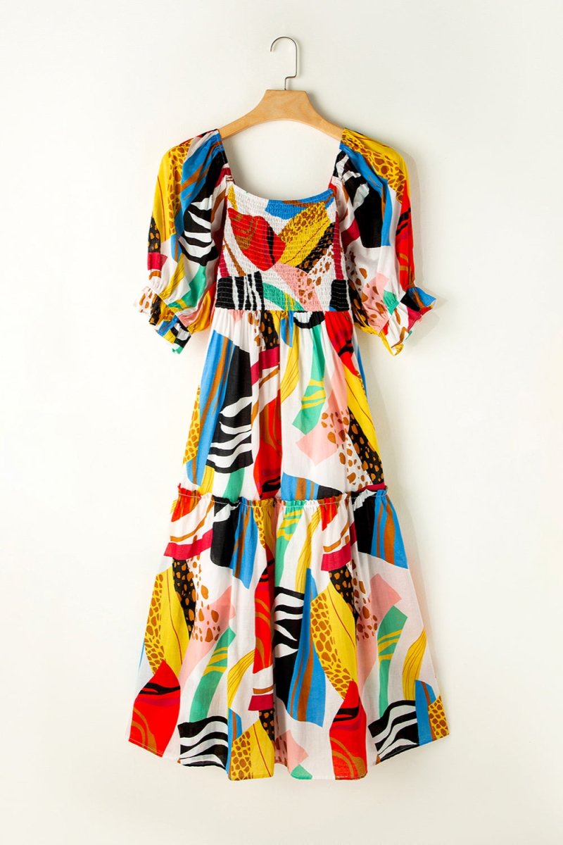 Printed Square Neck Short Sleeve Midi Dress - AMVIM