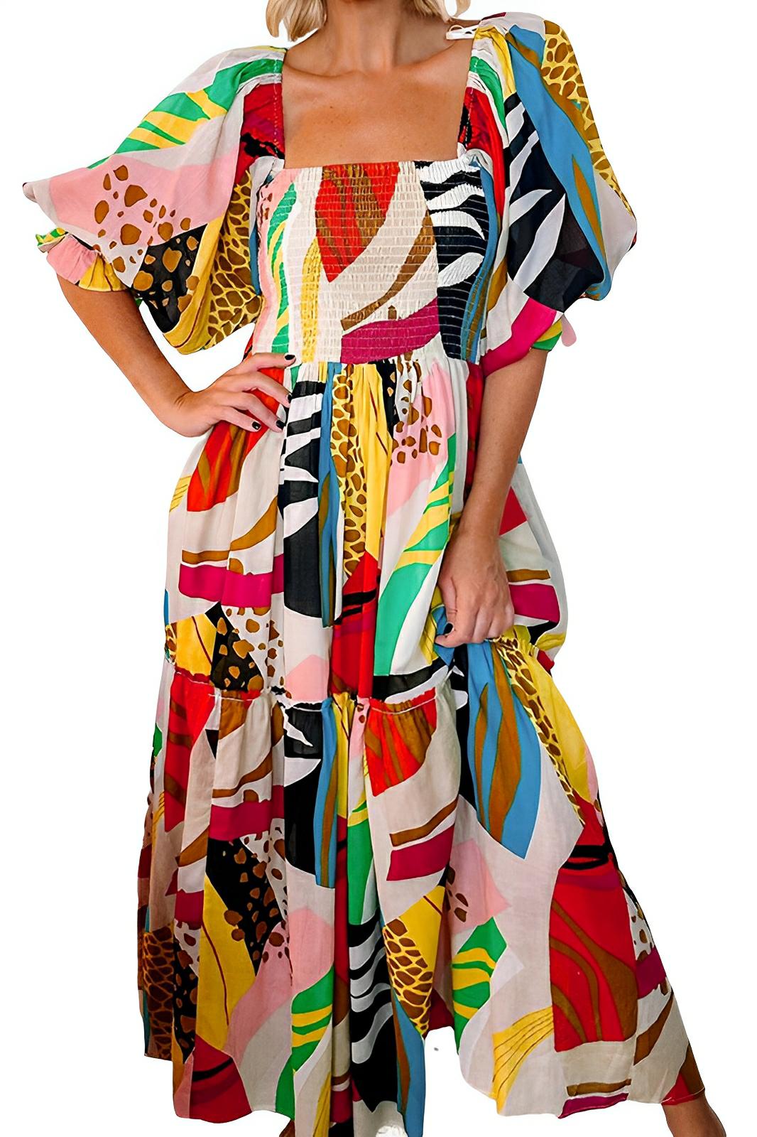 Printed Square Neck Short Sleeve Midi Dress - AMVIM