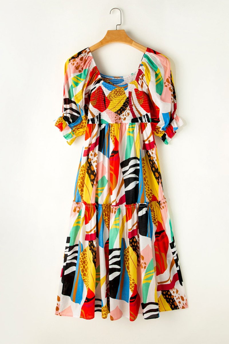 Printed Square Neck Short Sleeve Midi Dress - AMVIM
