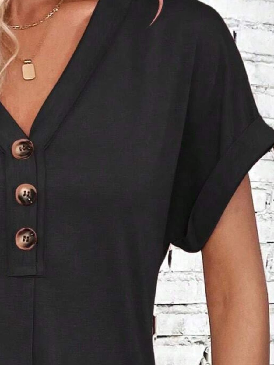 Quarter Button V - Neck Short Sleeve Dress - AMVIM
