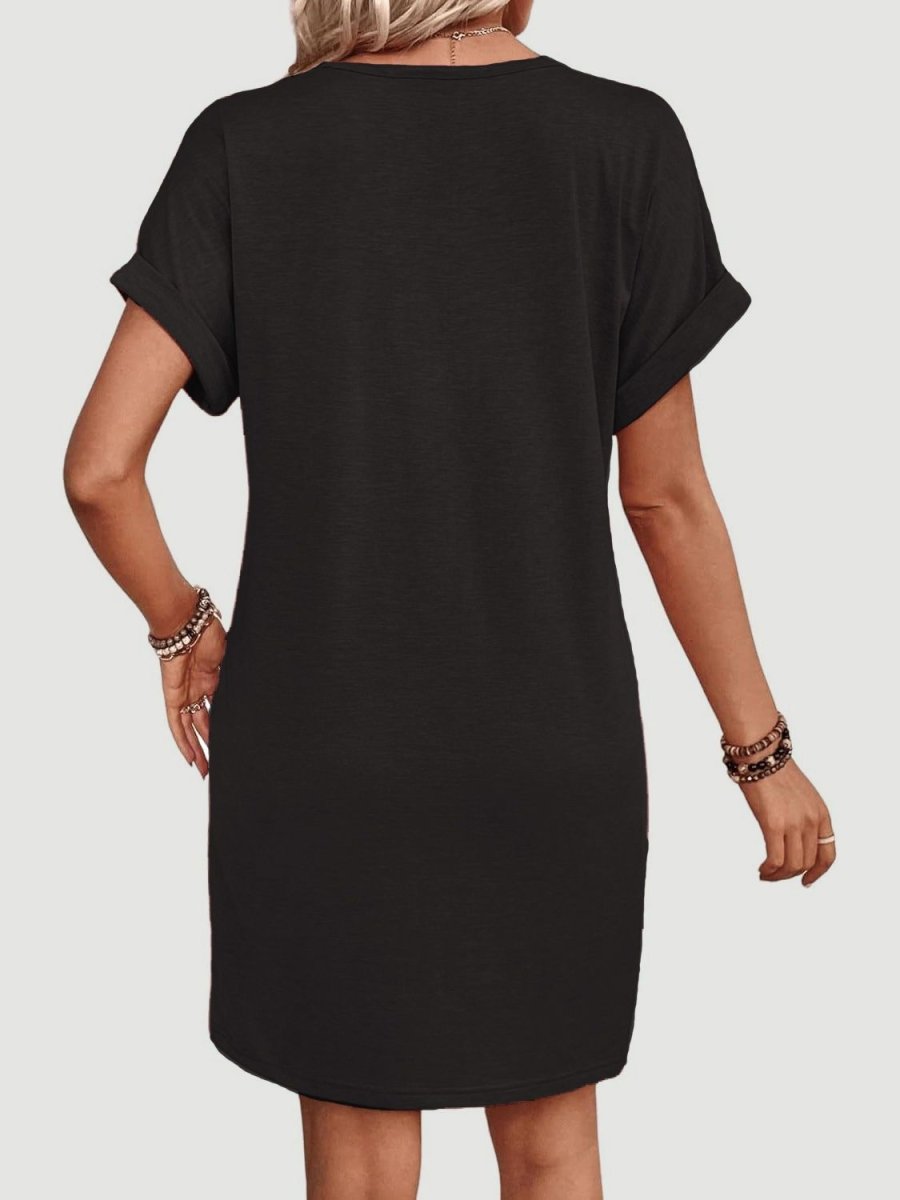 Quarter Button V - Neck Short Sleeve Dress - AMVIM