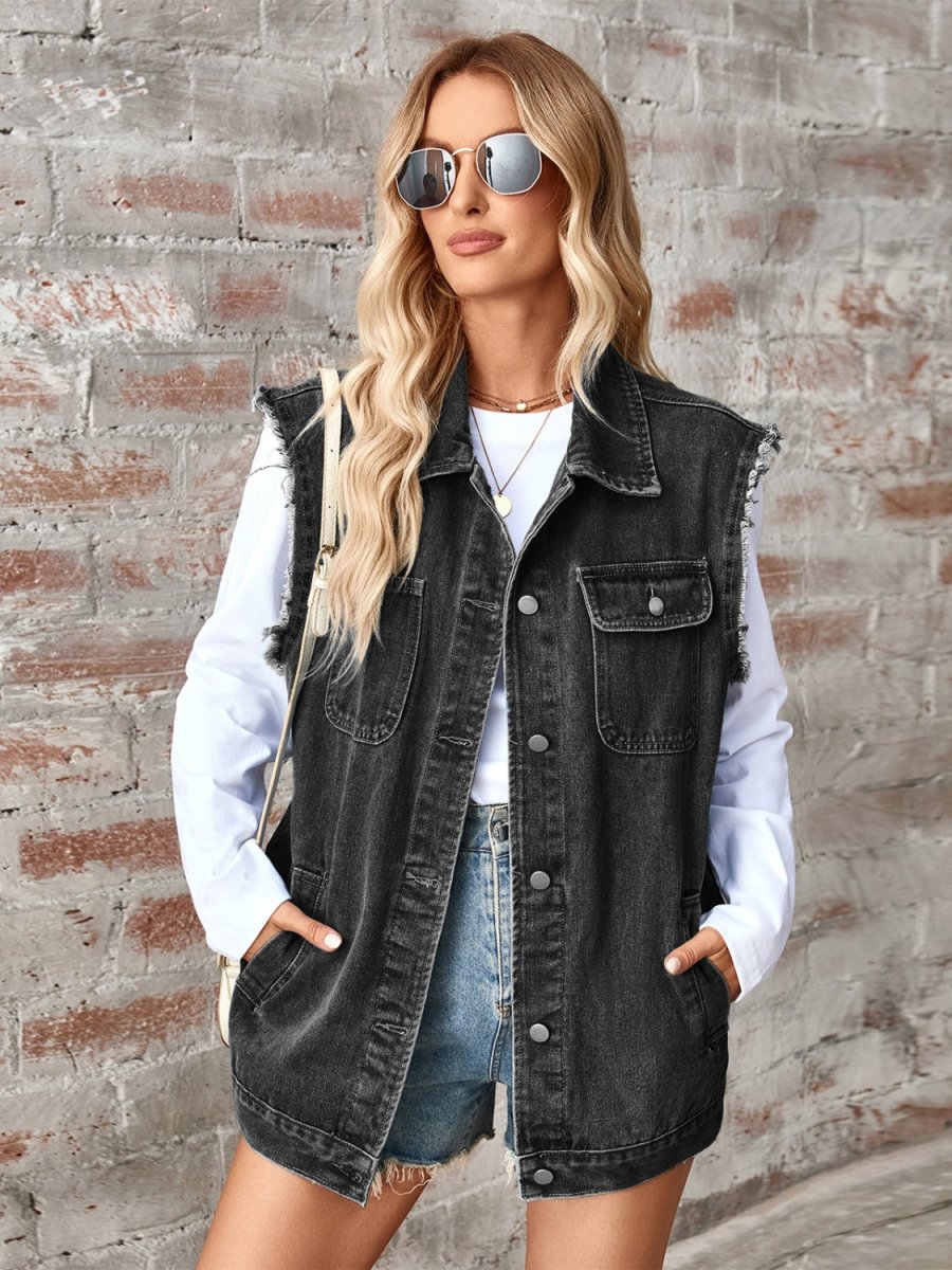 Raw Hem Sleeveless Button Up Denim Jacket - AMVIM