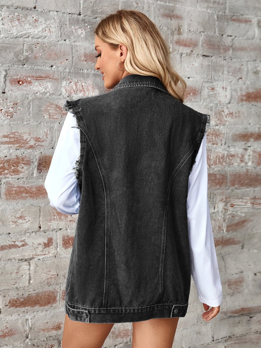 Raw Hem Sleeveless Button Up Denim Jacket - AMVIM