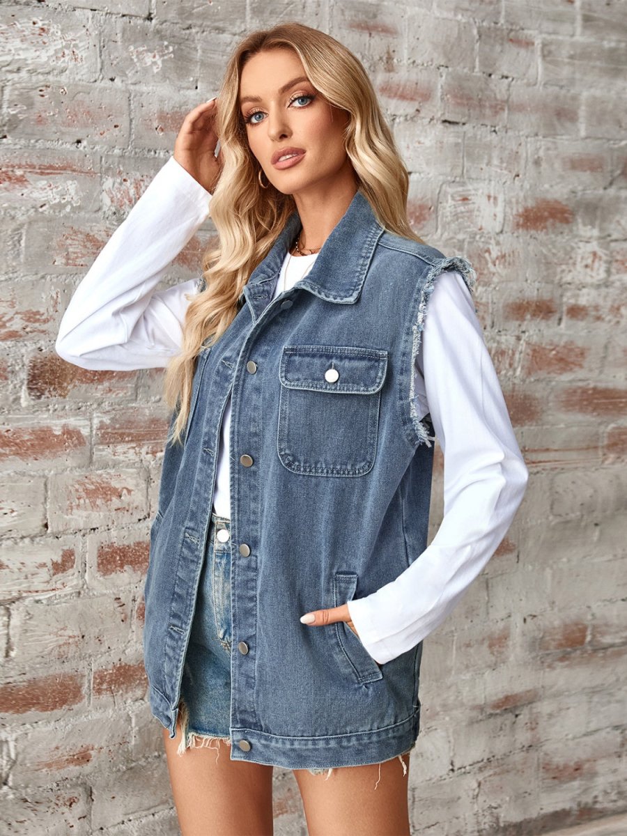 Raw Hem Sleeveless Button Up Denim Jacket - AMVIM