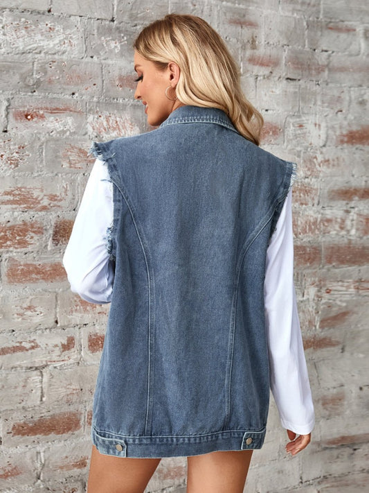 Raw Hem Sleeveless Button Up Denim Jacket - AMVIM