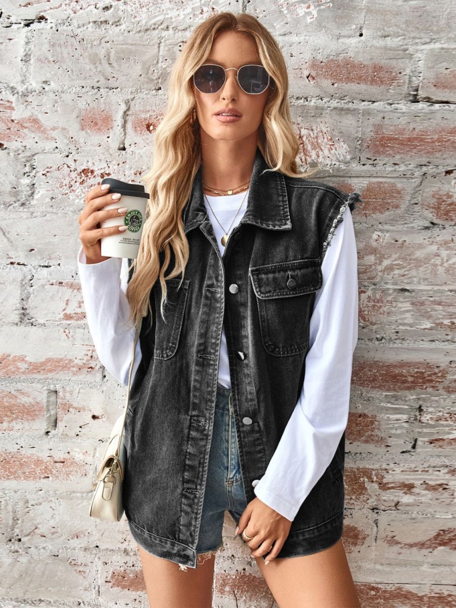 Raw Hem Sleeveless Button Up Denim Jacket - AMVIM