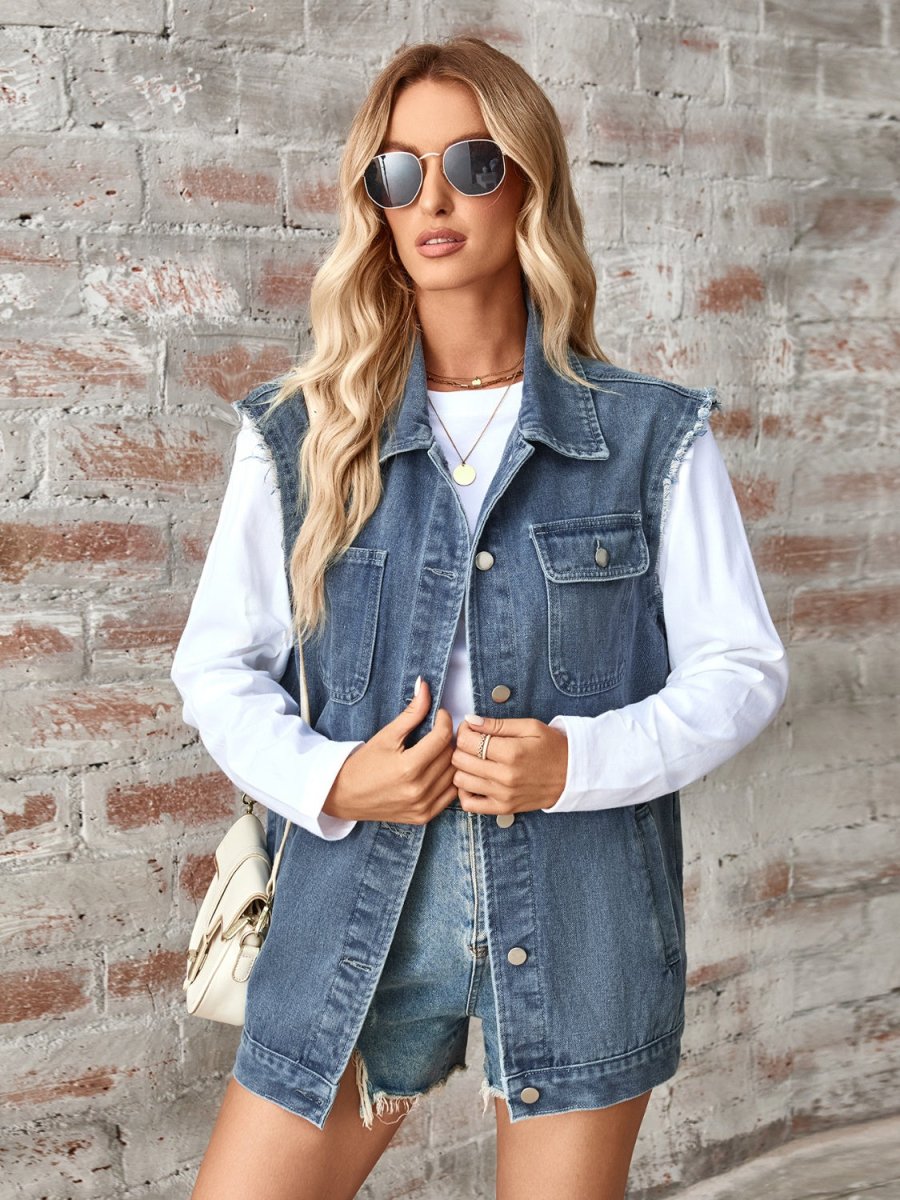 Raw Hem Sleeveless Button Up Denim Jacket - AMVIM