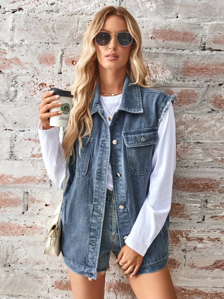 Raw Hem Sleeveless Button Up Denim Jacket - AMVIM