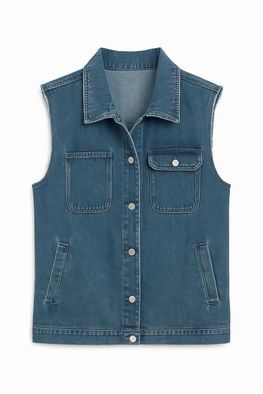 Raw Hem Sleeveless Button Up Denim Jacket - AMVIM