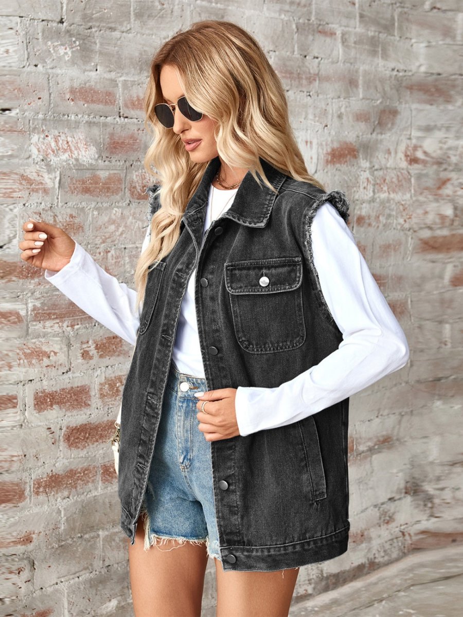 Raw Hem Sleeveless Button Up Denim Jacket - AMVIM