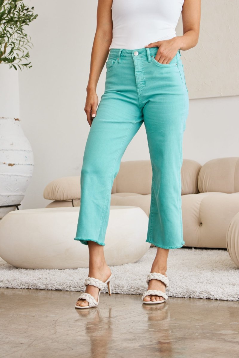RFM Crop Chloe Full Size Tummy Control High Waist Raw Hem Jeans - AMVIM