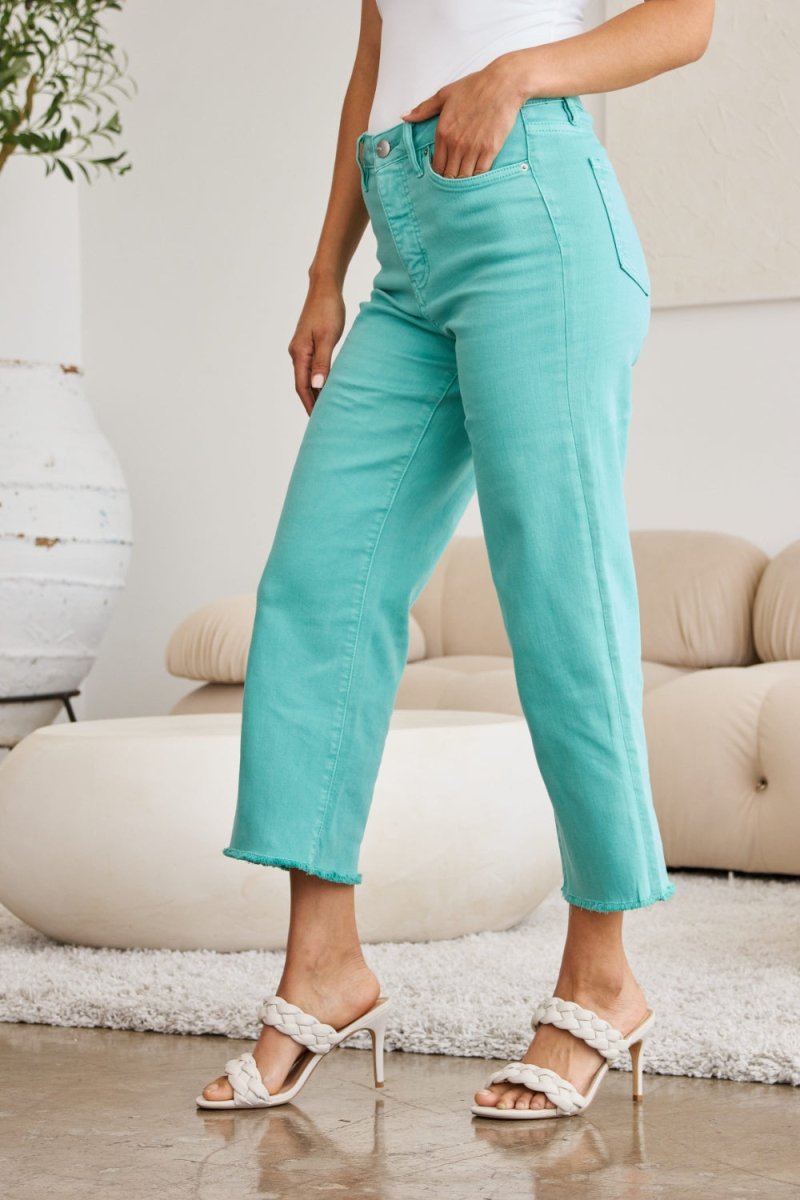 RFM Crop Chloe Full Size Tummy Control High Waist Raw Hem Jeans - AMVIM