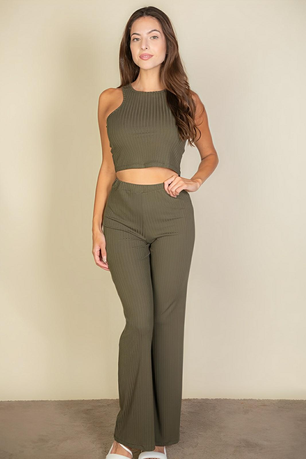 Ribbed Cropped Top And Bootcut Pants Sets - AMVIM