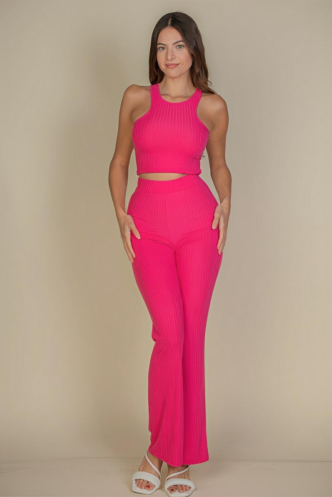 Ribbed Cropped Top And Bootcut Pants Sets - AMVIM