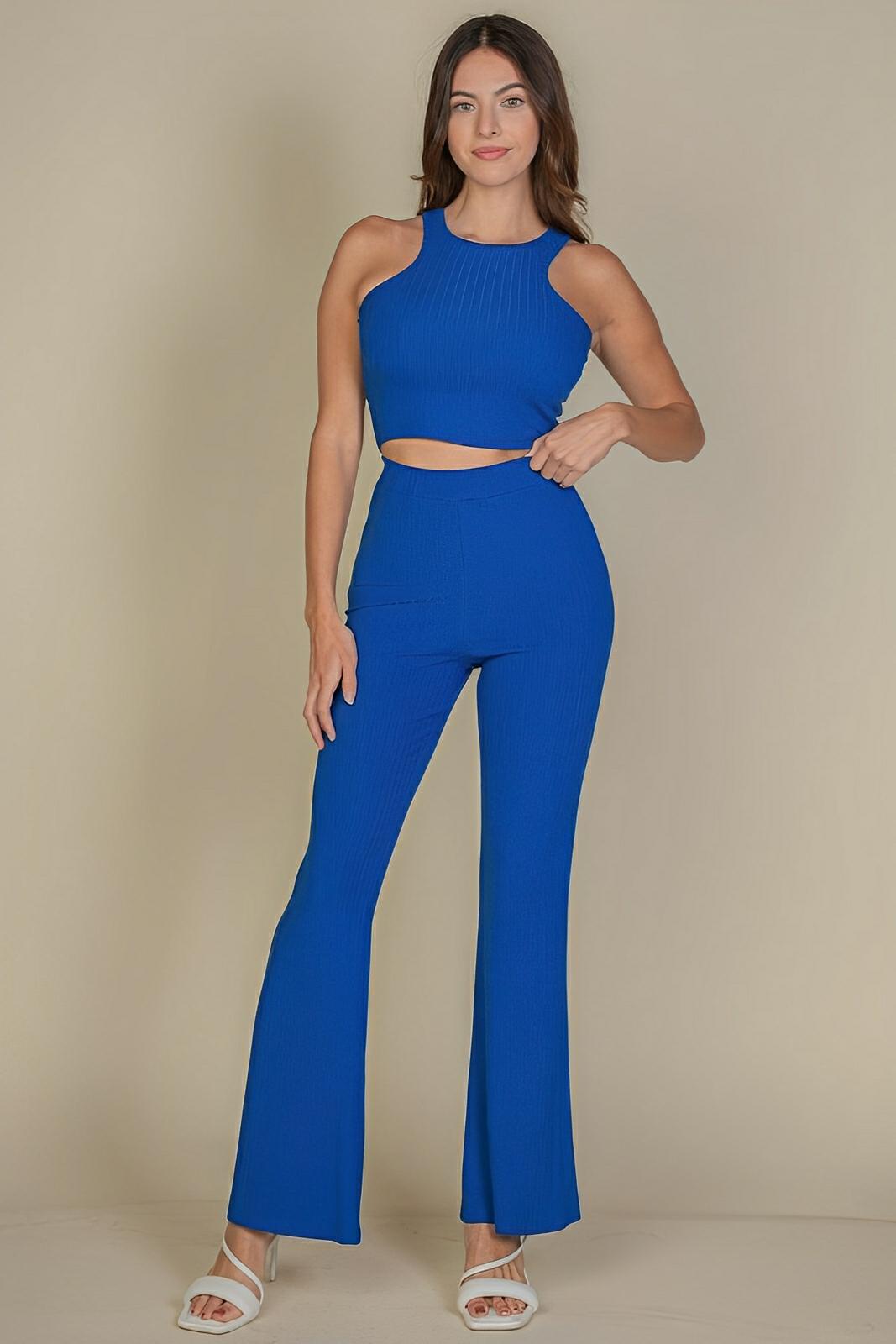 Ribbed Cropped Top And Bootcut Pants Sets - AMVIM