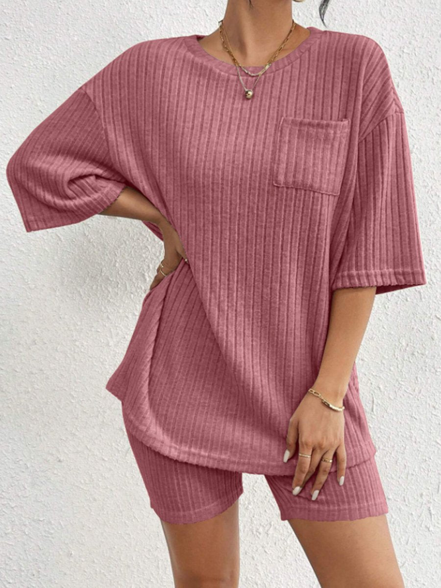 Ribbed Round Neck Top and Shorts Set - AMVIM