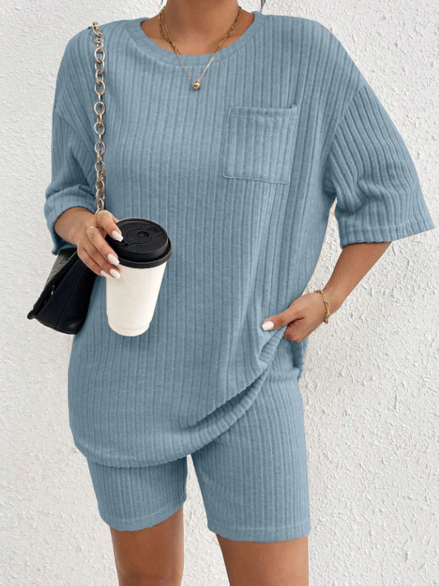 Ribbed Round Neck Top and Shorts Set - AMVIM