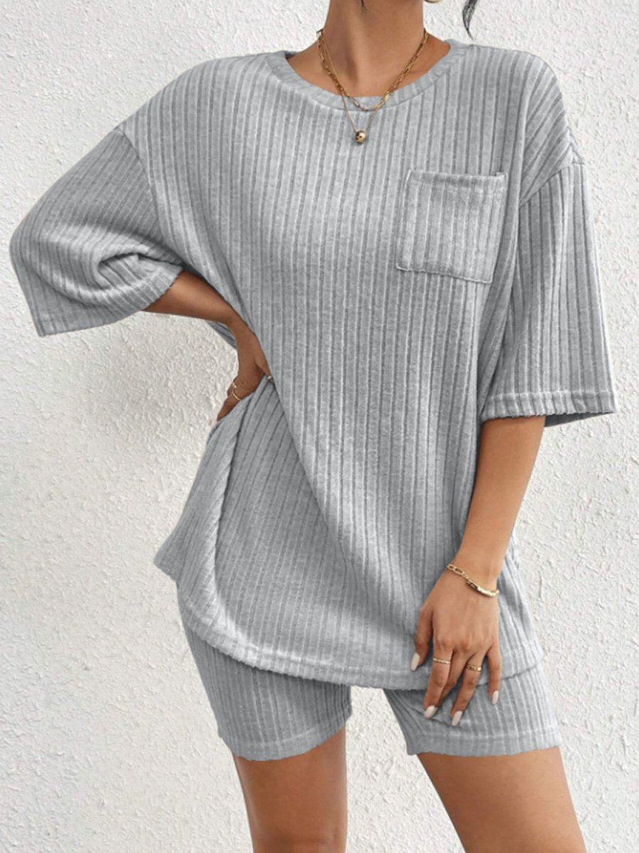Ribbed Round Neck Top and Shorts Set - AMVIM