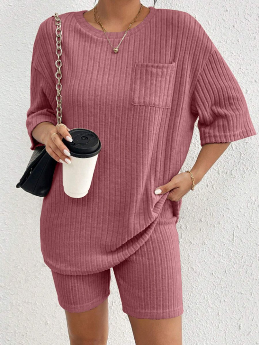 Ribbed Round Neck Top and Shorts Set - AMVIM