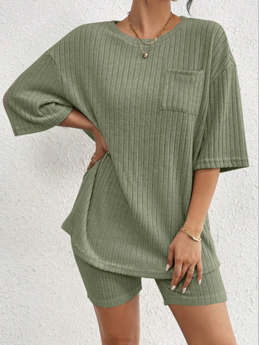Ribbed Round Neck Top and Shorts Set - AMVIM