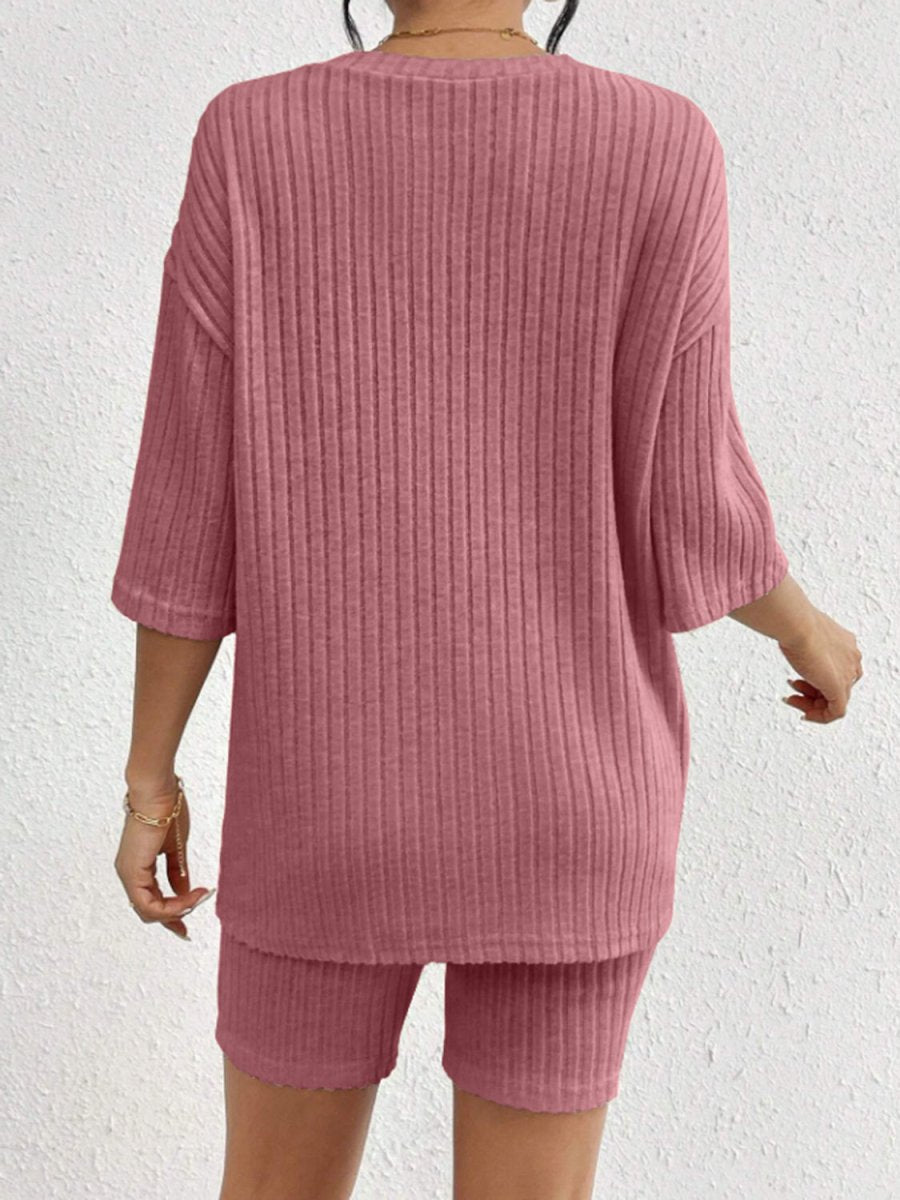 Ribbed Round Neck Top and Shorts Set - AMVIM