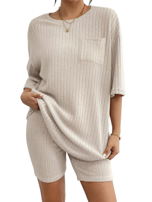 Ribbed Round Neck Top and Shorts Set - AMVIM