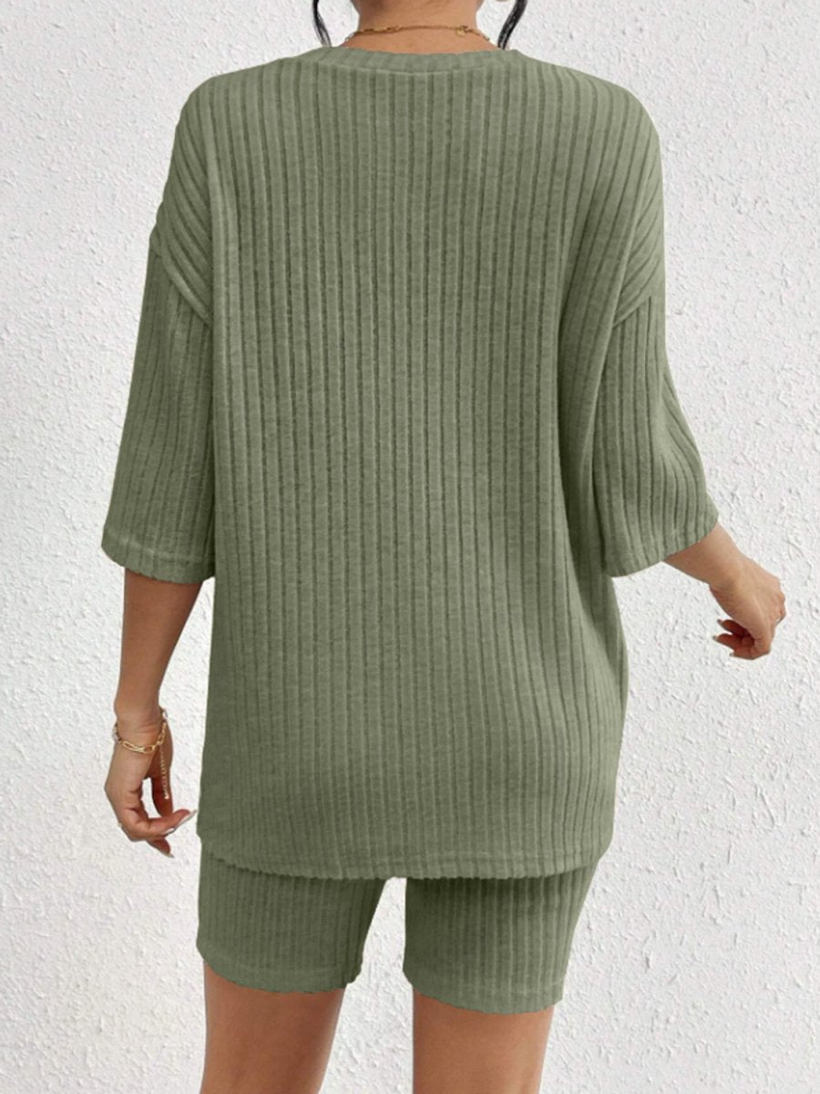 Ribbed Round Neck Top and Shorts Set - AMVIM