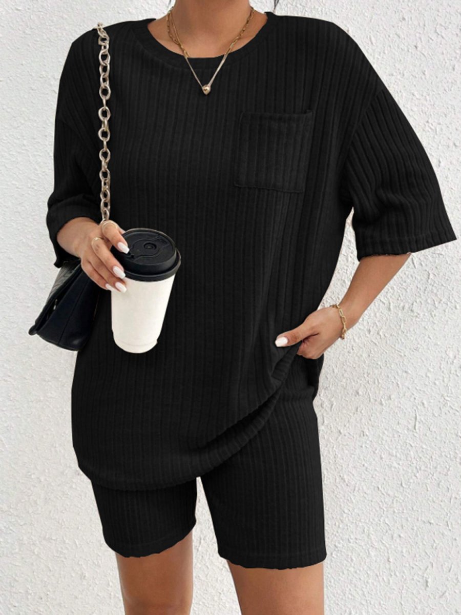 Ribbed Round Neck Top and Shorts Set - AMVIM