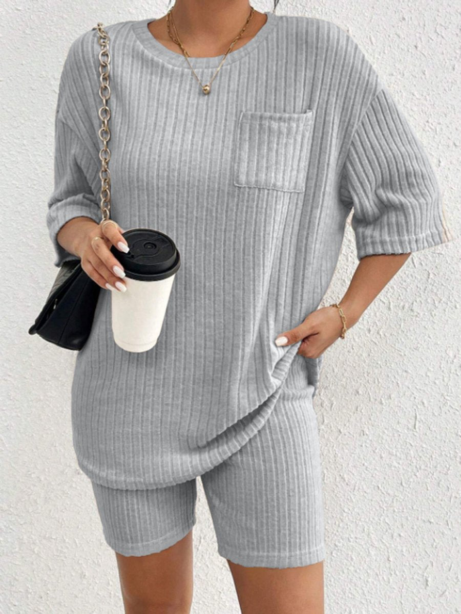 Ribbed Round Neck Top and Shorts Set - AMVIM