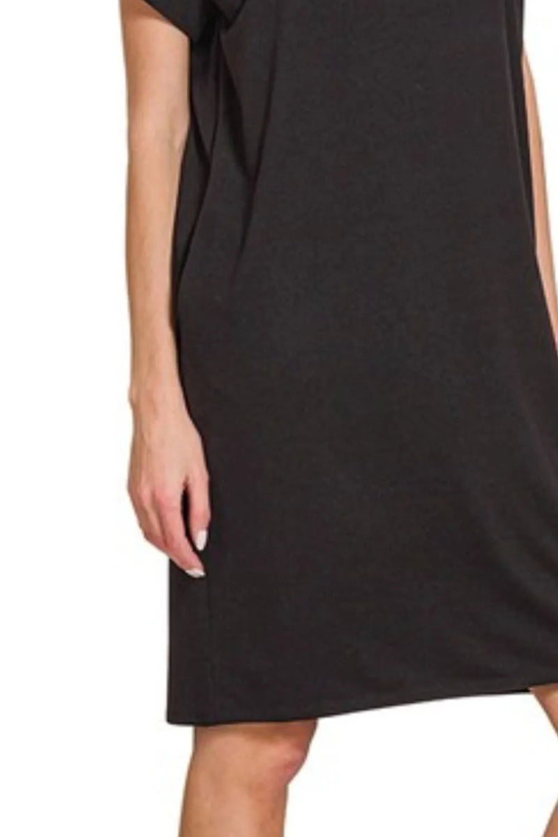 Rolled Short Sleeve Round Neck Dress for Everyday Wear - AMVIM