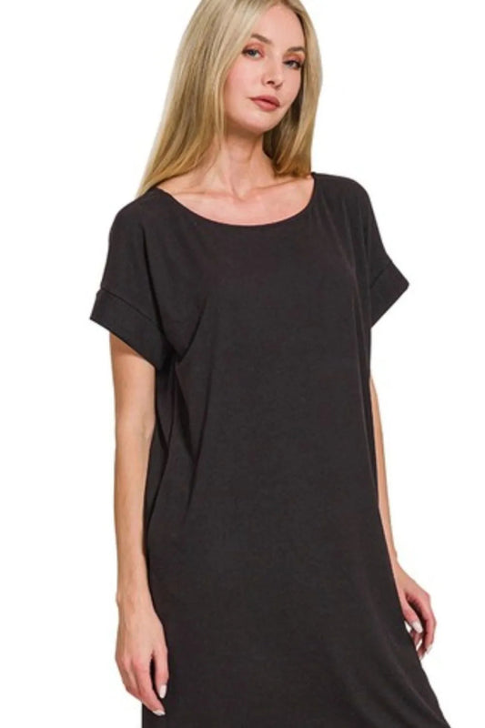 Rolled Short Sleeve Round Neck Dress for Everyday Wear - AMVIM