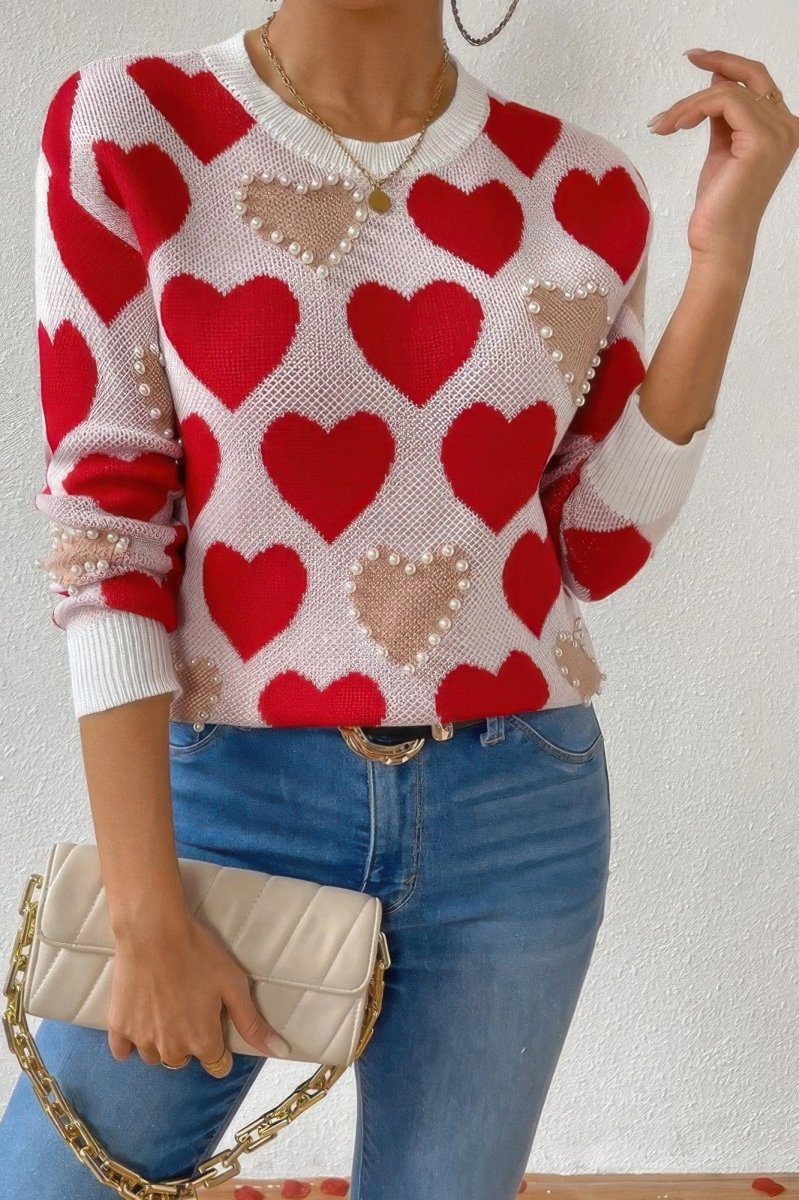 Round Neck Pearl‑Beaded Heart Knit Sweater - AMVIM