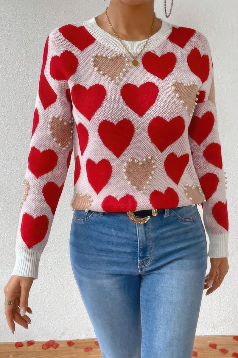 Round Neck Pearl‑Beaded Heart Knit Sweater - AMVIM