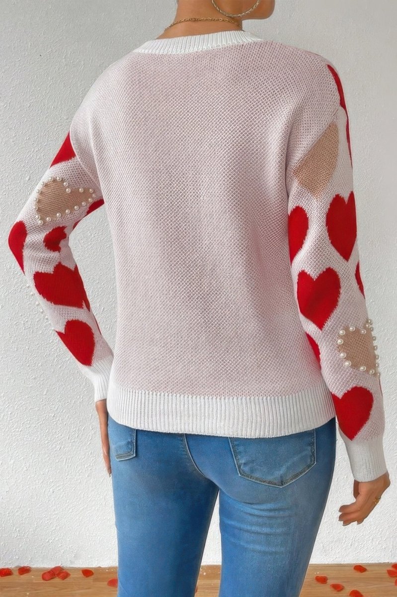 Round Neck Pearl‑Beaded Heart Knit Sweater - AMVIM