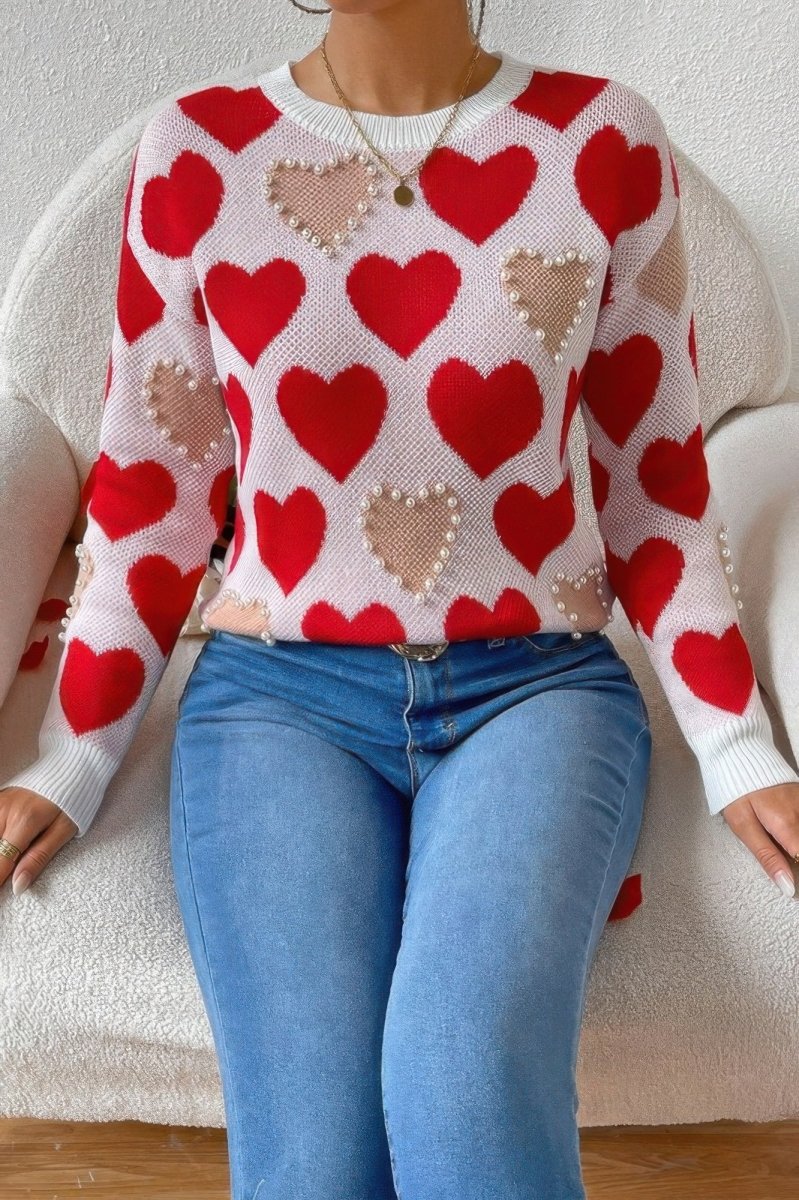 Round Neck Pearl‑Beaded Heart Knit Sweater - AMVIM