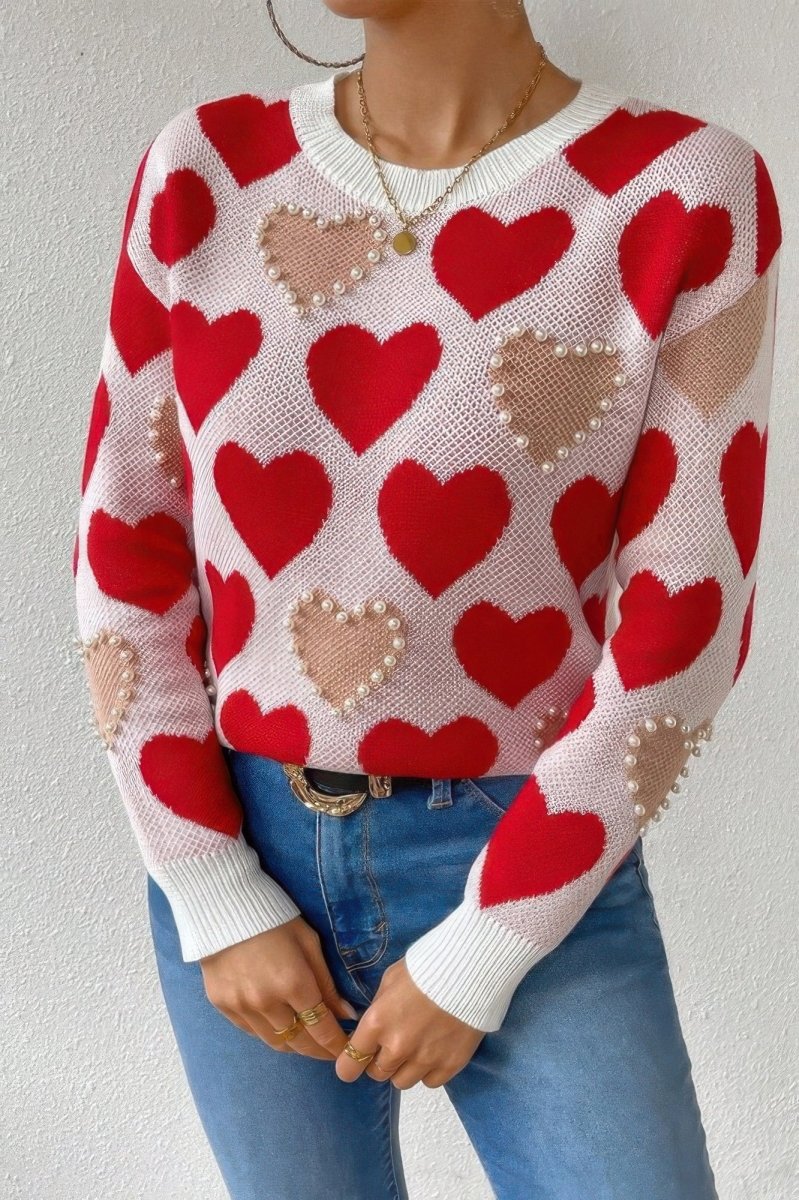 Round Neck Pearl‑Beaded Heart Knit Sweater - AMVIM