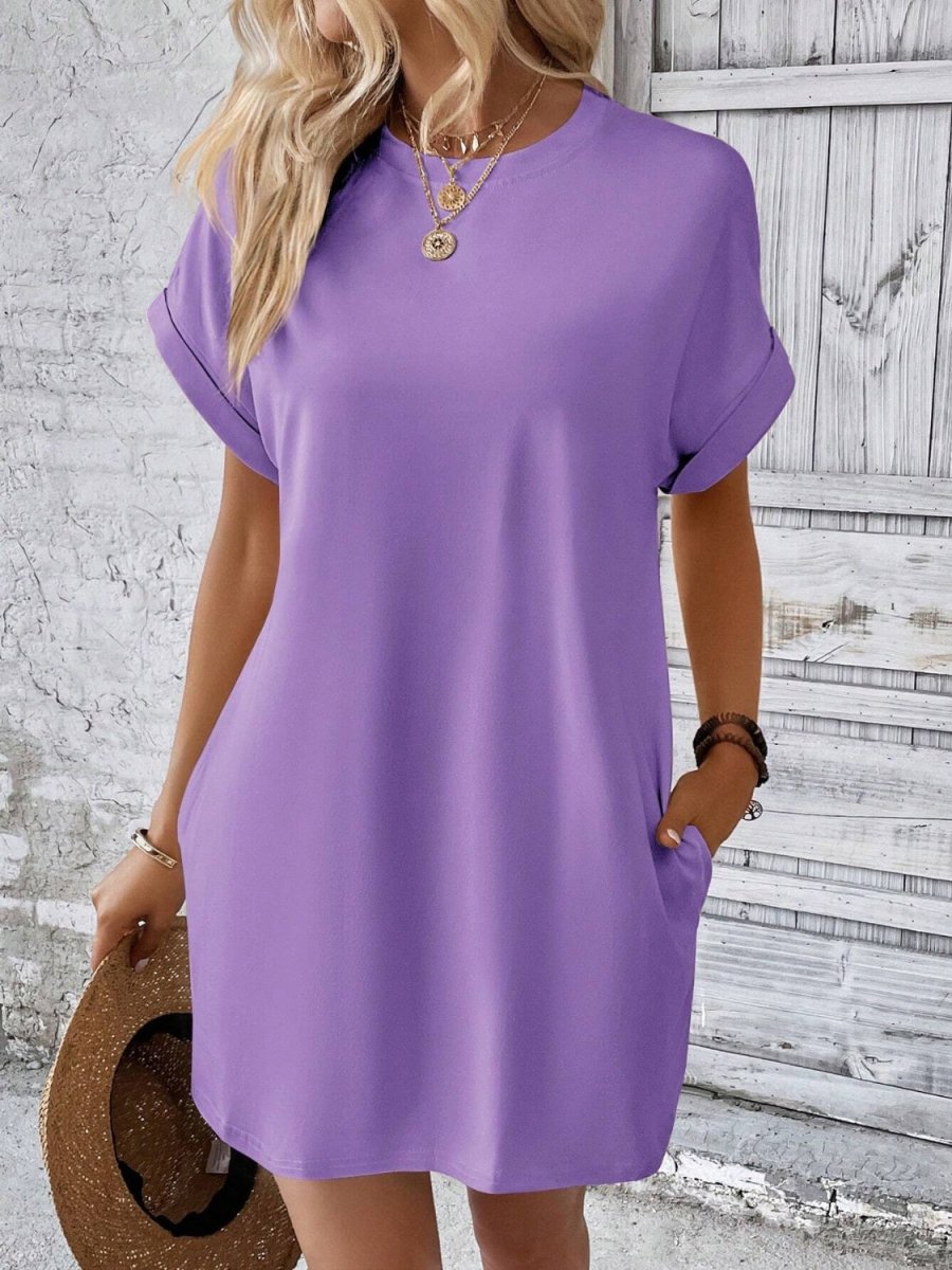 Round Neck Short Sleeve Mini Dress - AMVIM