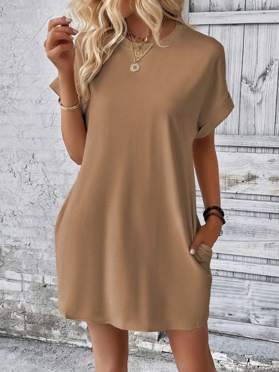 Round Neck Short Sleeve Mini Dress - AMVIM