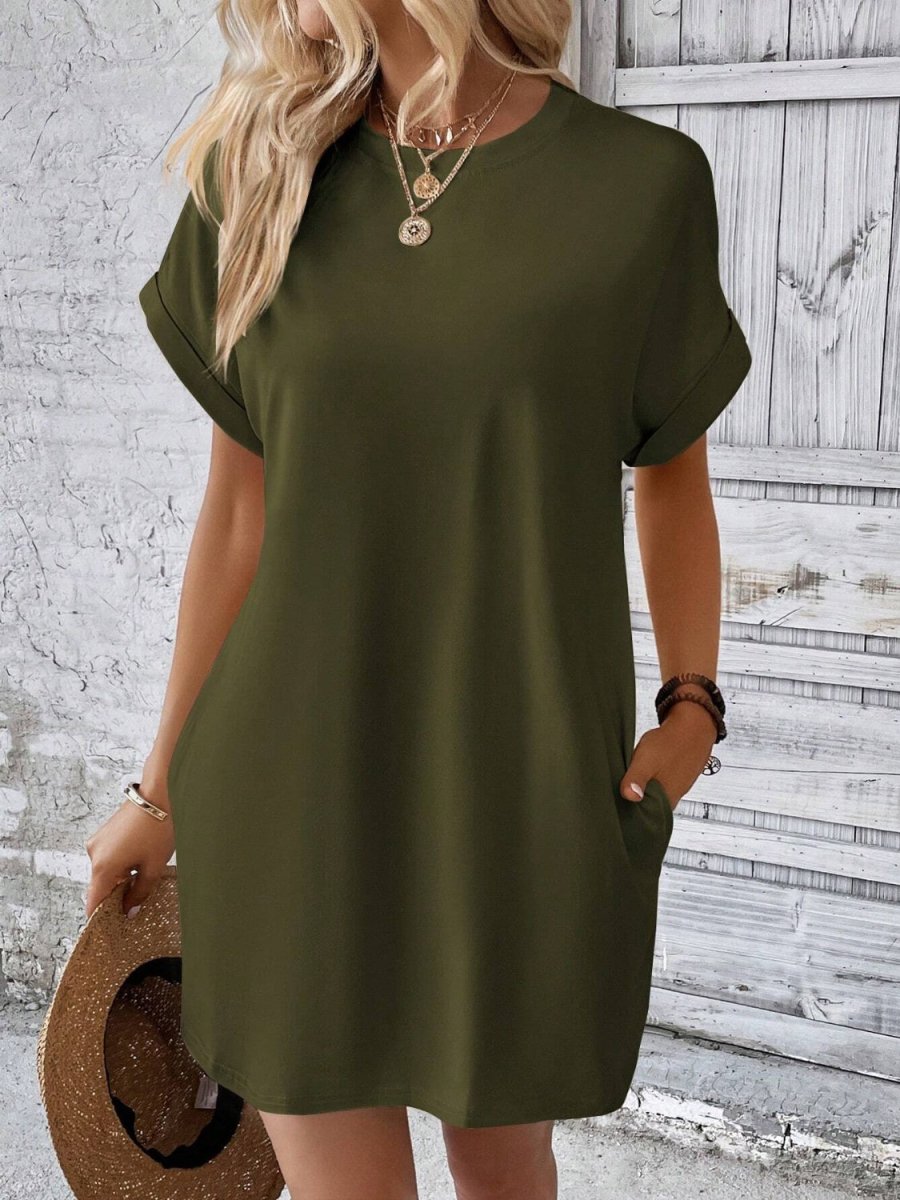 Round Neck Short Sleeve Mini Dress - AMVIM