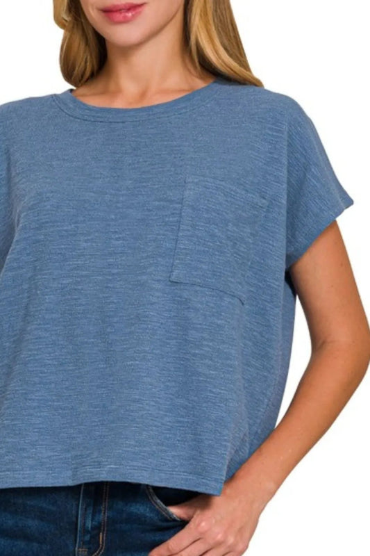 Round Neck Short Sleeve T-Shirt with Pocket for Work or Casual - AMVIM